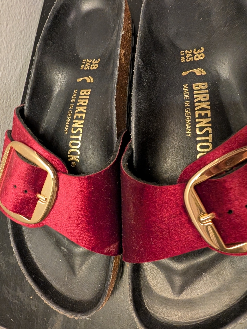 Birkenstock Madrid Velvet Slide Sandals in Deep Red with Gold Buckle - Picture 5 of 6